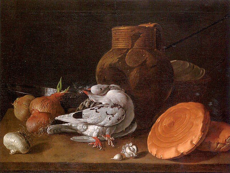 Melendez, Luis Eugenio Still Life with Pigeons, Onions, Bread and Kitchen Utensils oil painting picture